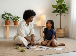 Warm candid photo of a mother and preschool-aged child sitting on a living room rug, smiling and playing with toy cars and picture cards in an uncluttered, sunlit home setting.