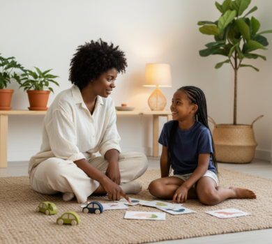 Warm candid photo of a mother and preschool-aged child sitting on a living room rug, smiling and playing with toy cars and picture cards in an uncluttered, sunlit home setting.