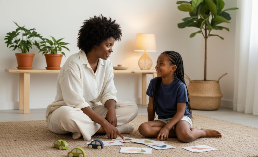 Warm candid photo of a mother and preschool-aged child sitting on a living room rug, smiling and playing with toy cars and picture cards in an uncluttered, sunlit home setting.