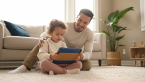 A preschool child sits on a soft rug using a tablet with a sturdy case while a caregiver on a nearby sofa offers gentle support in a bright, uncluttered living room with natural backlit daylight.