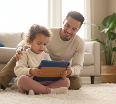 A preschool child sits on a soft rug using a tablet with a sturdy case while a caregiver on a nearby sofa offers gentle support in a bright, uncluttered living room with natural backlit daylight.
