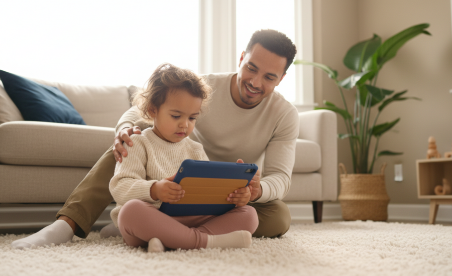 A preschool child sits on a soft rug using a tablet with a sturdy case while a caregiver on a nearby sofa offers gentle support in a bright, uncluttered living room with natural backlit daylight.