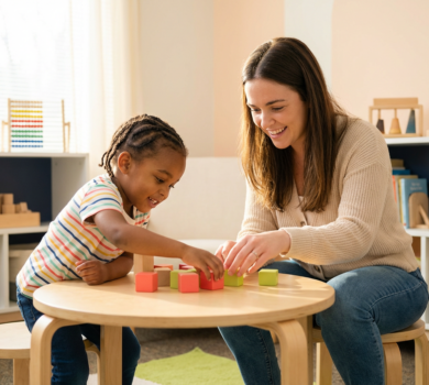 A child and therapist lean over a small table building a colorful block tower in a bright therapy room with soft-pastel walls and natural wooden furniture, captured in warm, natural light. The candid moment shows focused expressions and hands engaged in cooperative play, with a softly blurred background of organized shelves.