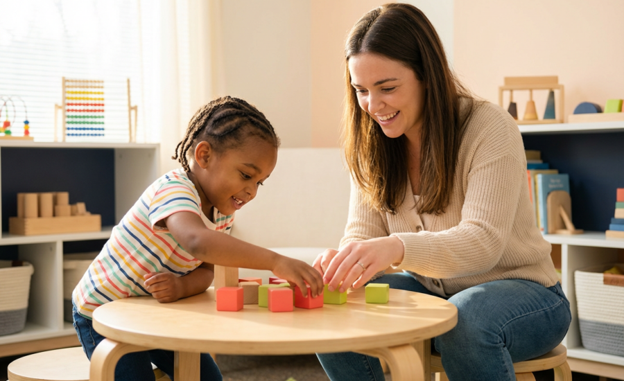A child and therapist lean over a small table building a colorful block tower in a bright therapy room with soft-pastel walls and natural wooden furniture, captured in warm, natural light. The candid moment shows focused expressions and hands engaged in cooperative play, with a softly blurred background of organized shelves.