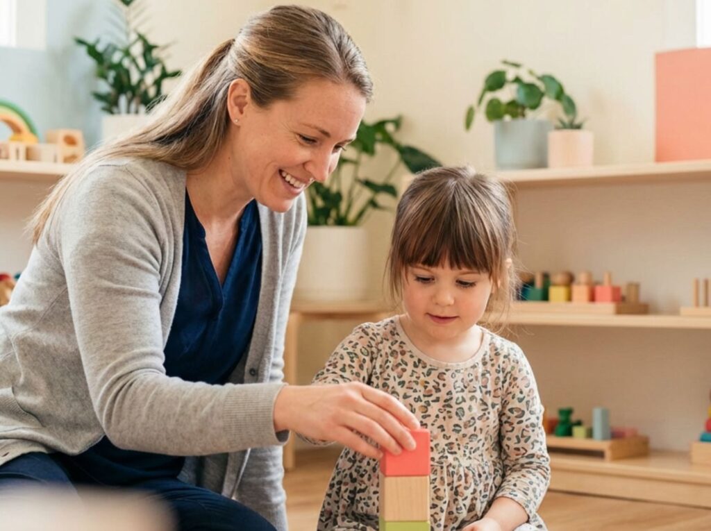 caregiver and child playing with blocks