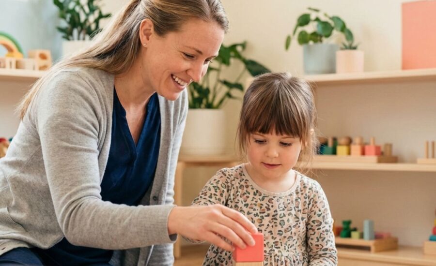caregiver and child playing with blocks