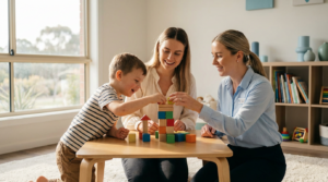 Parent and child smiling as they build a colorful block tower at a low table in a bright, sunlit playroom while a clinician provides gentle guidance nearby, creating a warm and hopeful therapy moment.