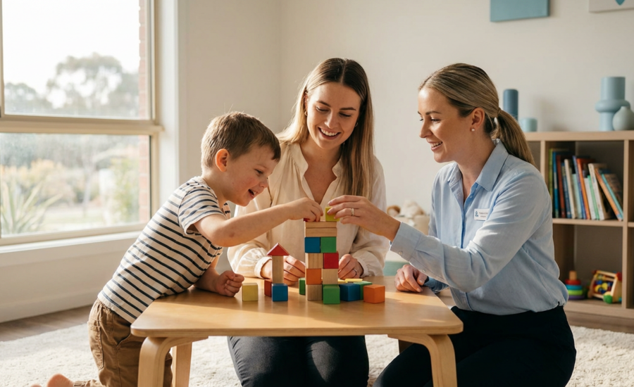 Parent and child smiling as they build a colorful block tower at a low table in a bright, sunlit playroom while a clinician provides gentle guidance nearby, creating a warm and hopeful therapy moment.
