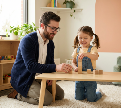 In a sunlit therapy room, a clinician oversees a child playing with blocks.