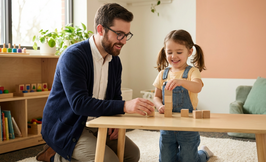 In a sunlit therapy room, a clinician oversees a child playing with blocks.