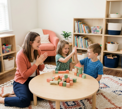 Teacher guiding children around the table and demonstrating collaboration.