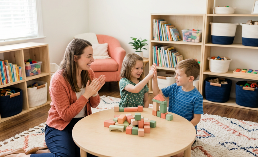 Teacher guiding children around the table and demonstrating collaboration.