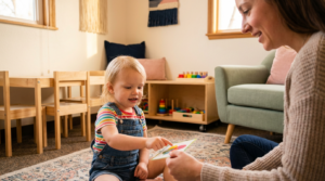 Therapist guiding a child with flashcards in a safe, cozy therapy space.
