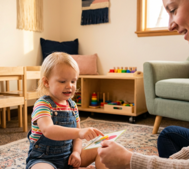 Therapist guiding a child with flashcards in a safe, cozy therapy space.