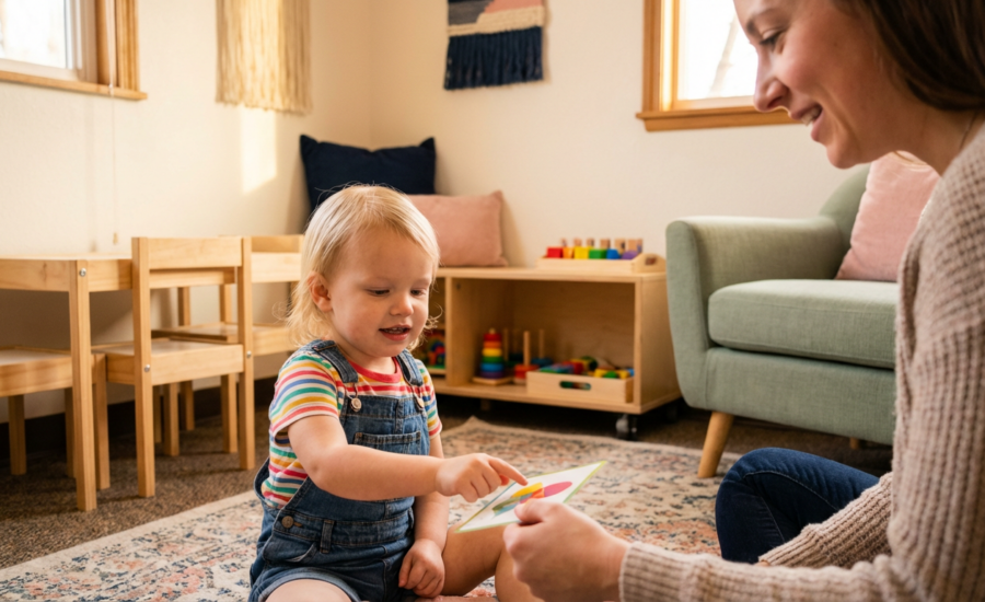 Therapist guiding a child with flashcards in a safe, cozy therapy space.