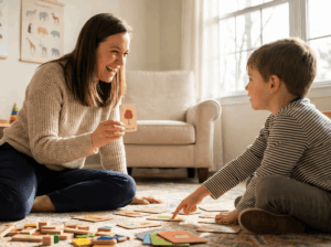 Therapist playing a matching game with a child on the floor in a bright, modern ABA therapy room while a parent watches and smiles, conveying a warm, trusting, and progress-focused atmosphere.