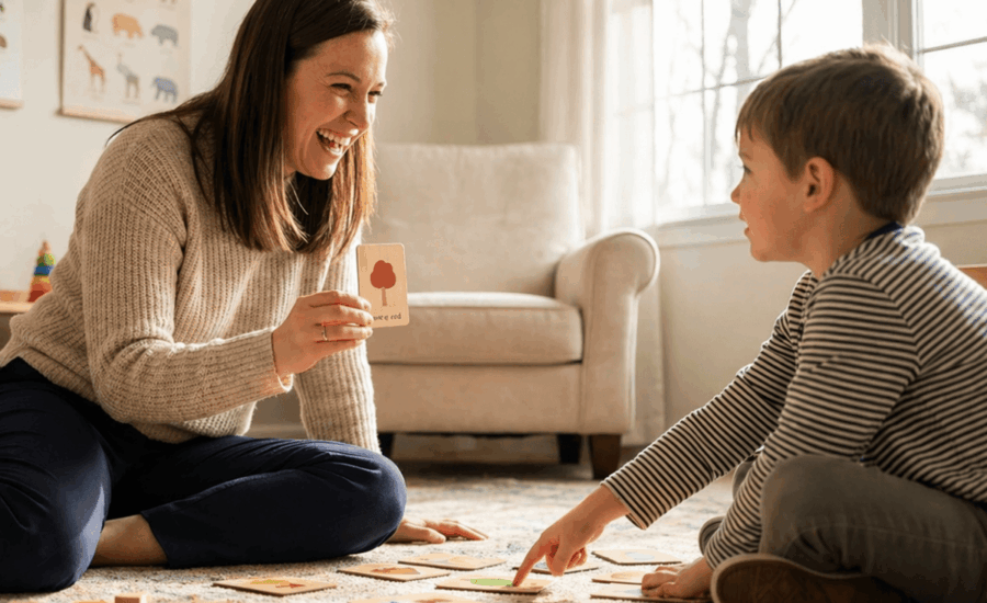 Therapist playing a matching game with a child on the floor in a bright, modern ABA therapy room while a parent watches and smiles, conveying a warm, trusting, and progress-focused atmosphere.