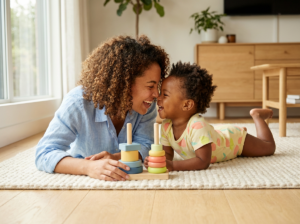 A mother and her toddler son lying on a rug in a sunlit living room, both engaged and smiling as they explore a colorful toy, conveying warmth and early learning.