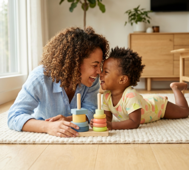 A mother and her toddler son lying on a rug in a sunlit living room, both engaged and smiling as they explore a colorful toy, conveying warmth and early learning.