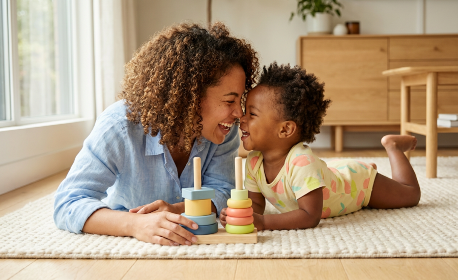 A mother and her toddler son lying on a rug in a sunlit living room, both engaged and smiling as they explore a colorful toy, conveying warmth and early learning.