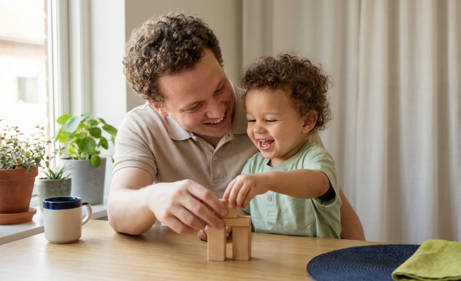 Parent and toddler playing with blocks in a sunny kitchen