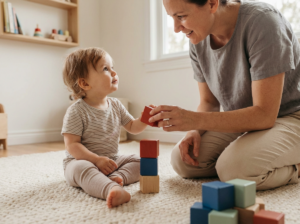 Warm candid close-up of a toddler and caregiver on a playroom floor making eye contact while stacking colorful blocks, with soft natural light and a blurred minimalist background.