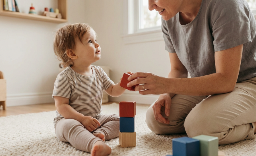 Warm candid close-up of a toddler and caregiver on a playroom floor making eye contact while stacking colorful blocks, with soft natural light and a blurred minimalist background.