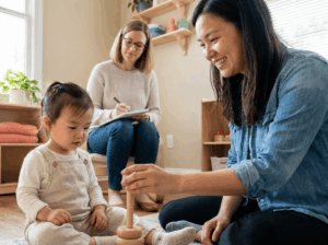 Bright, naturally lit therapy room showing a child receiving a toy from a caregiver while a clinician takes notes in the background, with play stations and organized shelves visible. The scene emphasizes a warm, welcoming, and individualized therapy environment.