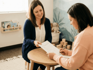 Clinician and parent seated at a small table reviewing a benefits checklist in a cozy pediatric practice corner, warm natural light illuminating their faces and hands as they collaborate. The scene is candid and reassuring with a soft, uncluttered background showing subtle play elements.