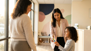 A clinician warmly hands a toy to a young child in a bright clinic lobby while a caregiver watches, conveying trust, reliability, and a supportive, play-focused therapy environment.