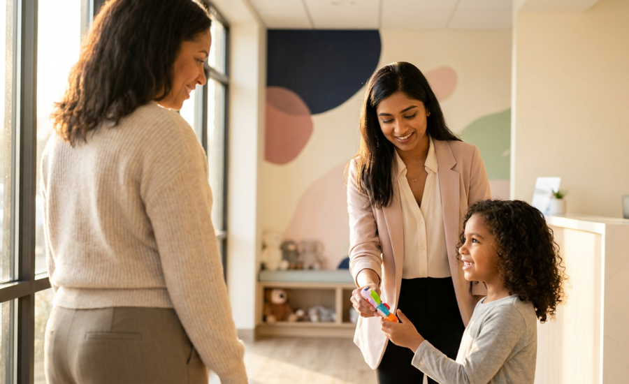 A clinician warmly hands a toy to a young child in a bright clinic lobby while a caregiver watches, conveying trust, reliability, and a supportive, play-focused therapy environment.