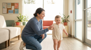 Caregiver kneeling with a smiling toddler in the lobby of an ABA clinic