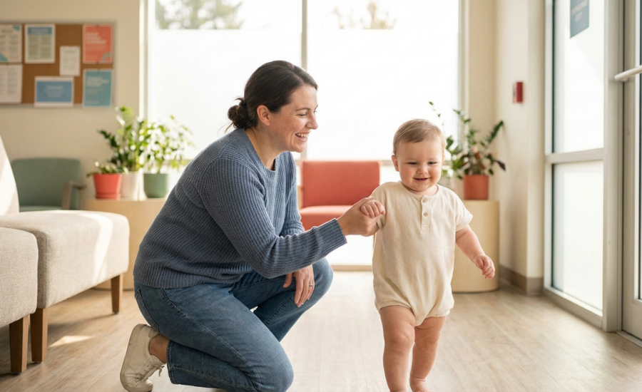 Caregiver kneeling with a smiling toddler in the lobby of an ABA clinic