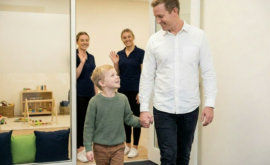 A smiling child with a hearing aid leaves an ABA center hand-in-hand with a parent while staff smile in the background, bathed in warm, natural indoor light to convey hope and continuity of care.