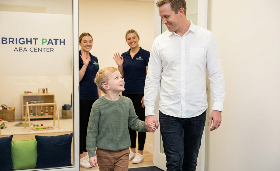 A parent and child leaving an ABA center hand-in-hand.