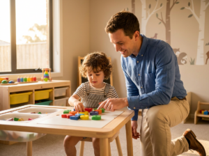 Child sorting shape toys in a therapy playroom