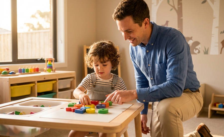 Child sorting shape toys in a therapy playroom