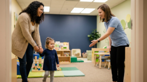 A mother holding her toddler’s hand as they enter a bright, welcoming play-therapy room while a clinician greets them; colorful learning stations and toys are visible in the softly lit background. The scene is warm and candid with clean composition and natural light.
