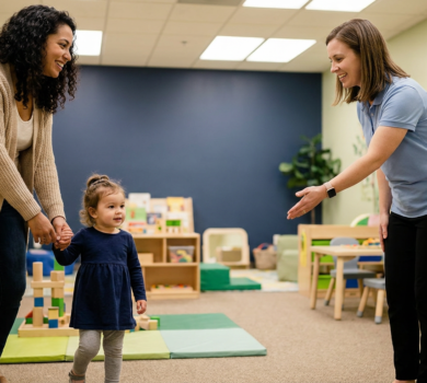 A mother holding her toddler’s hand as they enter a bright, welcoming play-therapy room while a clinician greets them; colorful learning stations and toys are visible in the softly lit background. The scene is warm and candid with clean composition and natural light.