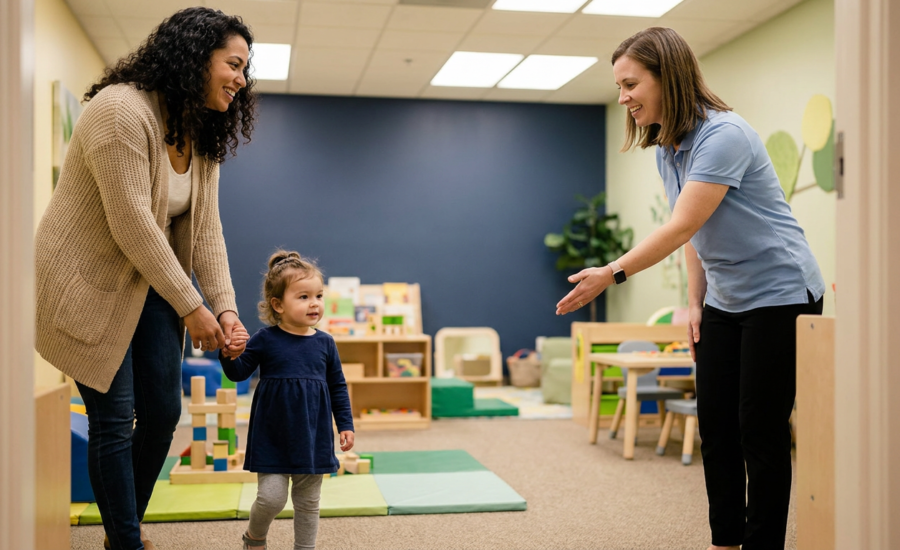 A mother holding her toddler’s hand as they enter a bright, welcoming play-therapy room while a clinician greets them; colorful learning stations and toys are visible in the softly lit background. The scene is warm and candid with clean composition and natural light.