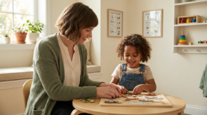 A therapist and child engaging in play-based therapy inside of the puzzle room.