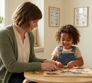 A therapist and child engaging in play-based therapy inside of the puzzle room.