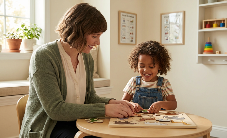 A therapist and child engaging in play-based therapy inside of the puzzle room.