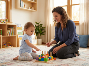 Therapist kneeling with a child in a therapy playroom
