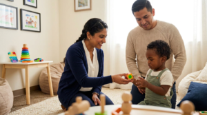 Clinician kneels at a low table handing a colorful block to a child as a parent watches nearby with a relieved smile in a warm therapy corner filled with toys and framed art.