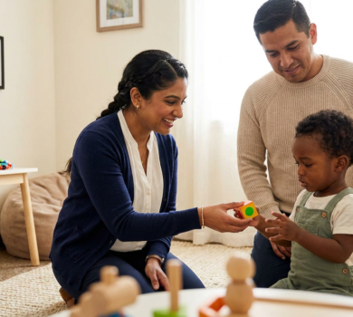 Clinician kneels at a low table handing a colorful block to a child as a parent watches nearby with a relieved smile in a warm therapy corner filled with toys and framed art.
