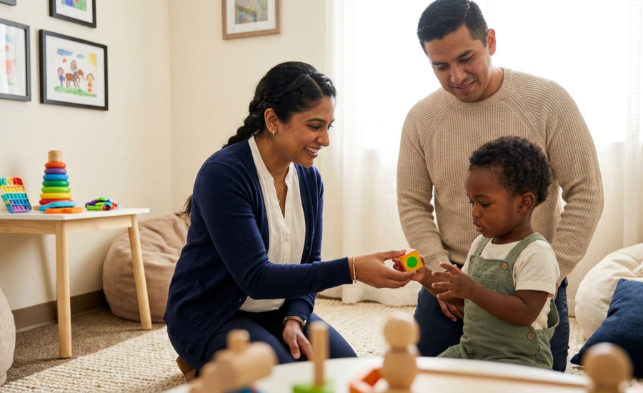 Clinician kneels at a low table handing a colorful block to a child as a parent watches nearby with a relieved smile in a warm therapy corner filled with toys and framed art.