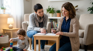 Caregiving clinician reviewing notes with the parent as toddler plays next to them,