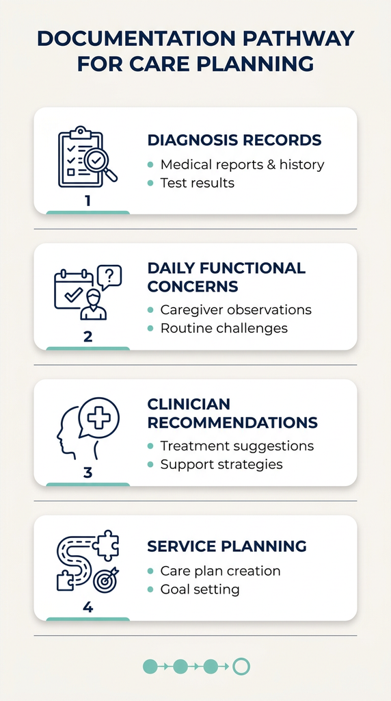 Vertical infographic showing four stacked steps for supporting an eligibility review: diagnosis records, daily functional concerns, clinician recommendations, and service planning, using clear icons and brand colors for quick caregiver scanning.