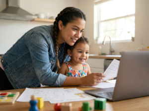 Mother holding a young child on her lap at a sunlit kitchen table, reviewing notes on a laptop surrounded by school papers and simple toys.